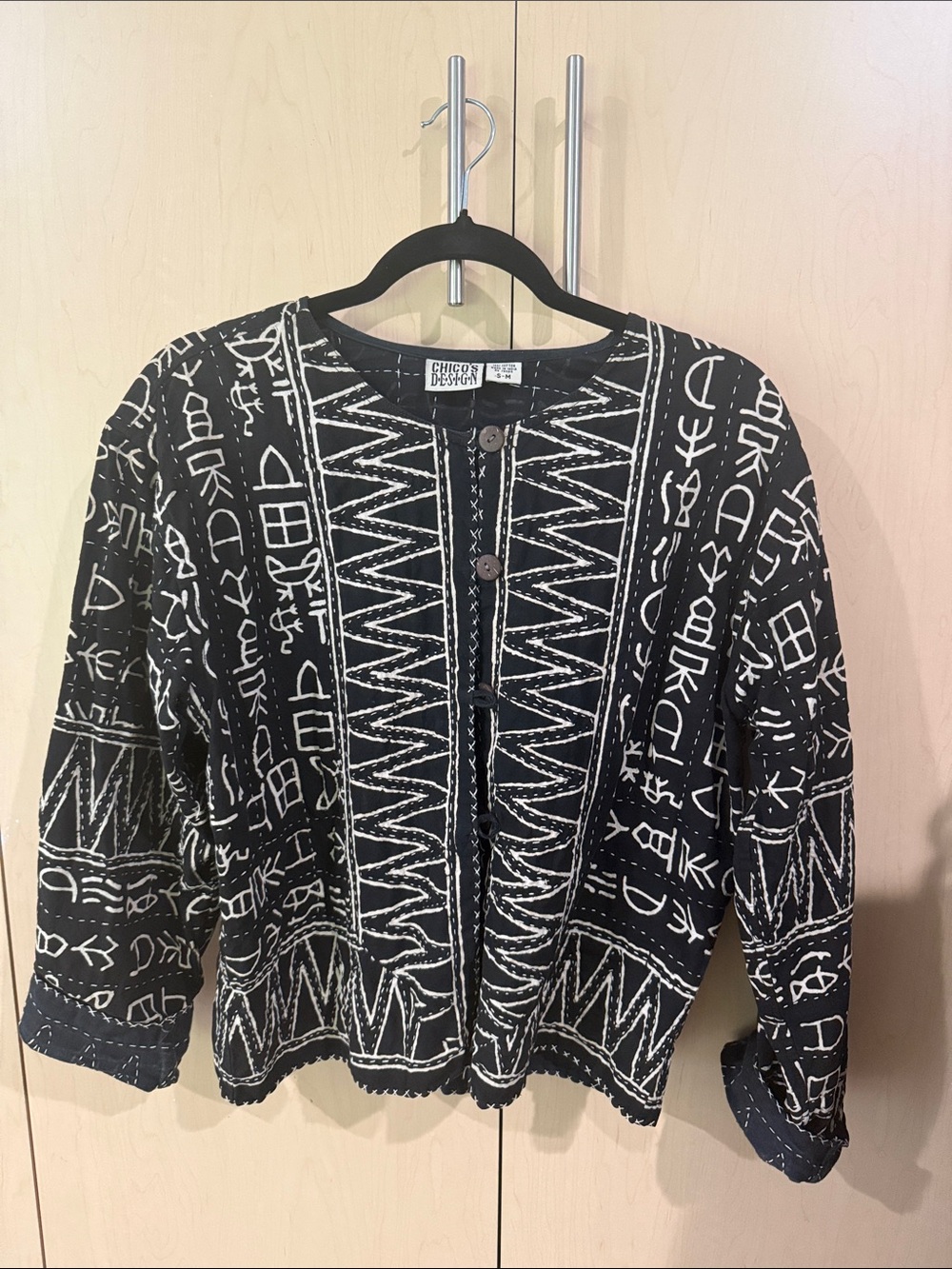 Chico's Black and White Patterned Tribal-Print Cardigan